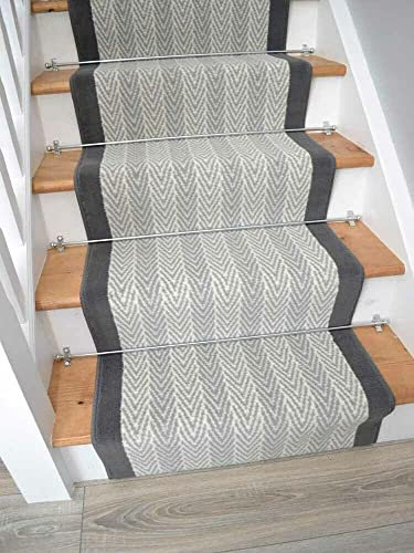 Luna Grey Stair Carpet Herring Cut to Size Long Narrow Hallway Stairs Runner Rugs (60cm, 20ft (609cm))