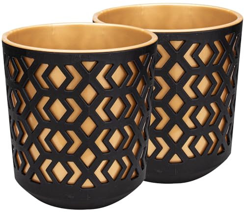 PECZEKO Matte Blumentöpfe - Deko Pflanztopf für Blumen & Kräuter - Langlebige & leichte runde Kunststoff-Pflanzentöpfe für Wohn- & Esszimmer, Küche, Balkon - 2er-Set - (Schwarz/Golden, ø 19 cm)