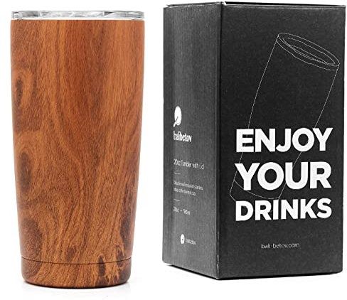 BALIBETOV 591ml Thermobecher Kaffee to Go - Edelstahl Isoliert Kaffeebecher to Go - Ideal für Reisen, Outdoor, Tee, Wein, Bier und mehr (Holz)