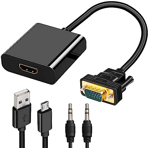 Adaptador VGA a HDMI, convertidor unidireccional VGA (fuente) a HDMI (pantalla) (macho a hembra) con cable de audio, cable de alimentación micro USB, conectores chapados en oro