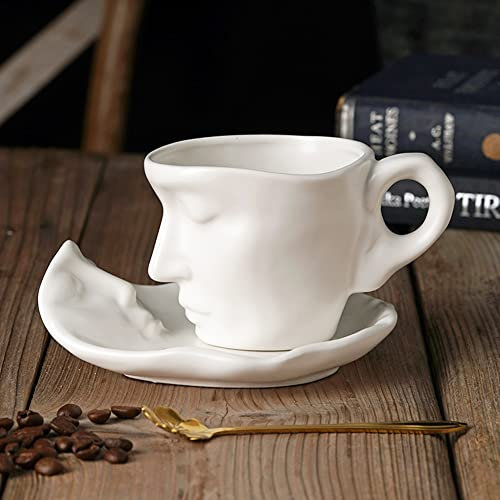 XIUWOUG Kreatives Gesicht Keramik-Kaffeetassen Set mit Untertasse,Cappuccino Latte Tasse und Untertasse,Espresso-Kaffeetassen,Mikrowelle und Geschirrspüler sicher,Weiß