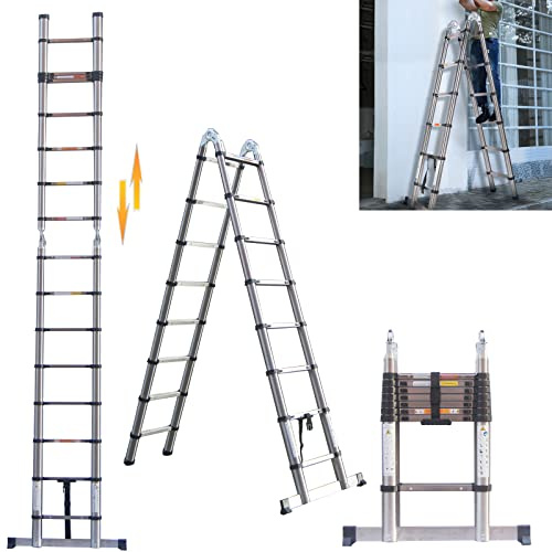 3.8M Telescopic Ladder Extension Ladder with Stabilizer Bar, 1.9m+1.9m A-Frame DIY Multi Purpose Ladder, Extendable Loft Ladder Collapsible Ladder Portable Folding Step Ladder, Max Load 150kg, EN131