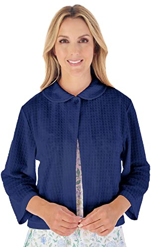 Slenderella Ladies Waffle Knit Button Fastening Bed Jacket 3/4 Sleeve House Coat Large (Navy)