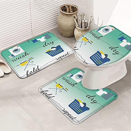 Set 3Tlg Badematten Wäschethema Waschen Trocknen Falten Wiederholen Ombre Sommer Dunkelgrün Langlebige Kontur Badteppich Anti-Rutsch Wc-Deckelbezug Badematte