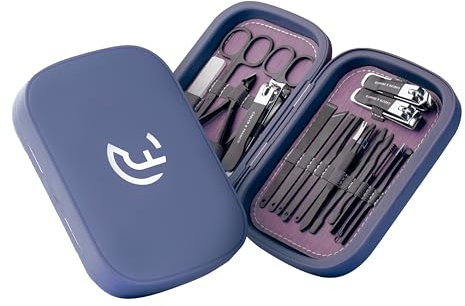 CAELYN & FRANCIS Kit de manucure et pédicure 18 pièces avec coupe-ongles – Kit de soins des ongles et de soins du visage pour homme et femme – Cadeau parfait pour femme, petite amie et parents (bleu