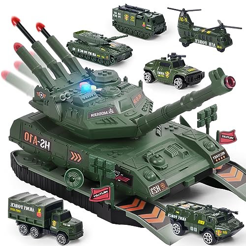 Panzer Spielzeug Set, Militärspielzeuge mit 6 Militärfahrzeugeund 8 Soldatenfiguren, Armeespielzeug mit Ton- und Lichtset, Geschenk für Jungen im Alter von 3 4 5 6 Jahren(Grün)