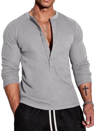 Muscle Cmdr herrvåffel-henley-skjortor, ledig långärmad t-shirt casual 6 knapprad, långärmad tröja regualar fit snygg t-shirt, Grå/långärmad, XL