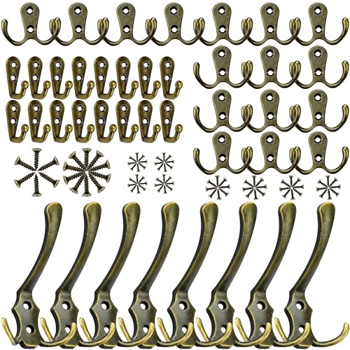 Kleiderhaken Wand 40Pcs Garderobenhaken Vintage 16 Haken zum Schrauben 16 Doppelt Wandhaken 8 Drei Schlüsselhaken Bronze Kleiderhaken Garderobe Retro mit 80 Schrauben für Bad Küche Büro Schlafzimmer