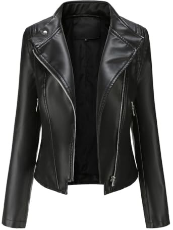 YYNUDA Blouson Cuir Biker Revers Veste Motard Femme Jacket Bombers Aviateur Léger Manteau Moto Printemps/Automne Noir XXL