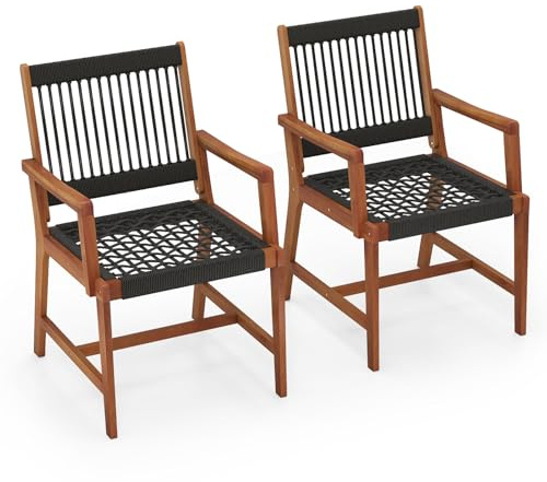 GIANTEX 2er Set Gartenstühle, Garten Essstühle aus Akazienholz & Handgewebte Kunststoffseile, Balkonstuhl Terrassenstuhl Esszimmerstuhl bis 160 kg belastbar, Gartensessel Sessel Holzstuhl 57x64x90 cm