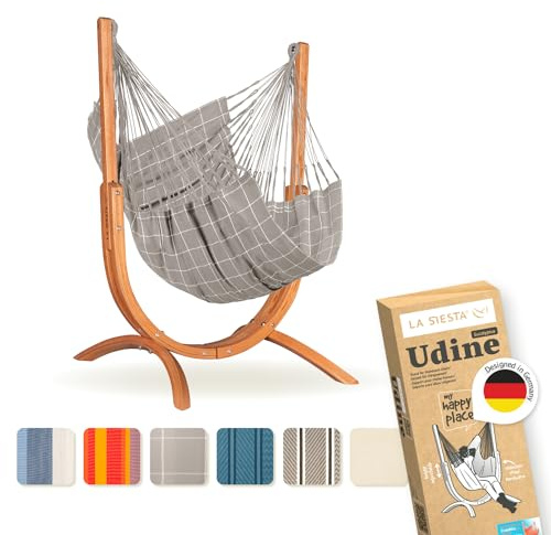 LA SIESTA® – Wetterfester Hängesessel Udine Mit Holzständer – Handgefertigter, Reißfester Outdoor-Hängesessel Mit FSC-Zertifiziertem Eukalyptus-Gestell für Außenbereich – Almond