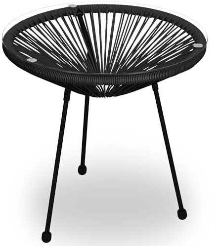SPRINGOS Rattan Beistelltisch Rund 50 cm Gartentisch Balkontisch mit Sicherheitsglas Couchtisch Outdoor Sofatisch Terrassentisch 50 kg belastbar PE Rattan Metall Schwarz