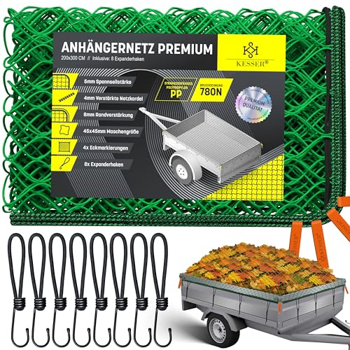 KESSER® Rete per rimorchi a maglia fine con ganci | Rete per rimorchi | Rete per container per la messa in sicurezza del carico | Rete di sicurezza | 200 x 300cm - Verde