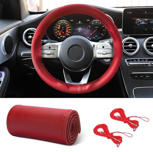HEVLE Lederlenkradbezug mit Schnürung, Autolenkradbezug, Universaler Autolenkradschutz mit Nadelfaden, 38 cm Lenkradbezug Auto-Innenraumzubehör für Auto LKW (Rot, Glänzend)