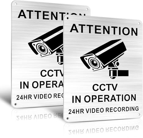 TAKULA 20 * 15CM CCTV in Operation Sticker Schild aus Gebürstetem Aluminium mit Lasergravur und Selbstklebendem Aufkleber，cctv Sign with Screw Holes|Pack of 2