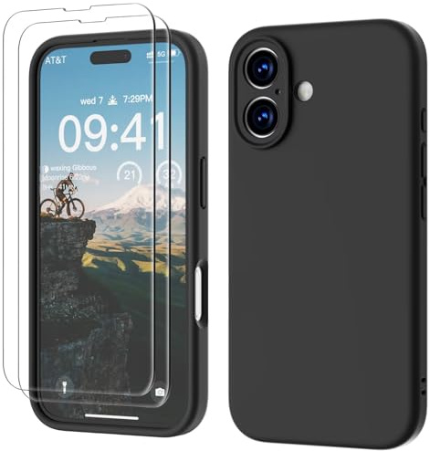 GOODVISH 3 in 1 für iPhone 16 Hülle Liquid Silikon, Schwarz | mit 2 Stück Schutzfolie, Upgraded Kameraschutz Soft Mikrofaserfutter Handyhülle Kratzfest Stoßfeste Schutz Case 6.1