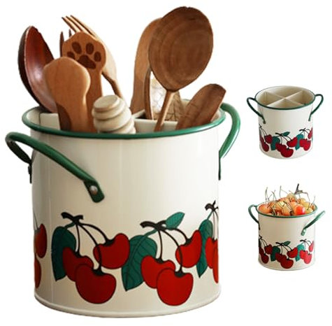 Jorzer Porta utensile cucina utensile caddy vintage ciliegia dipinta con divisore staccabile 4 compartimenti organizzatore di utensili in ferro con foro di scarico per accessorio da cucina