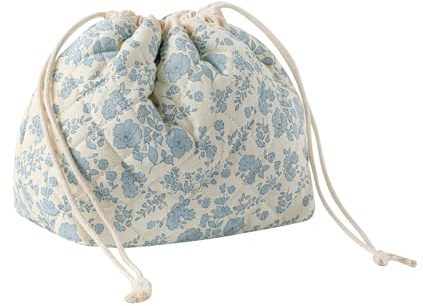 Cotton Quilted Drawstring Makeup Bag with Canvas Lining,Coquette Aesthetic Cute Travel Toiletry Bag,Drawstring Gift Bag for Women and Girls（02Light Blue Flower）