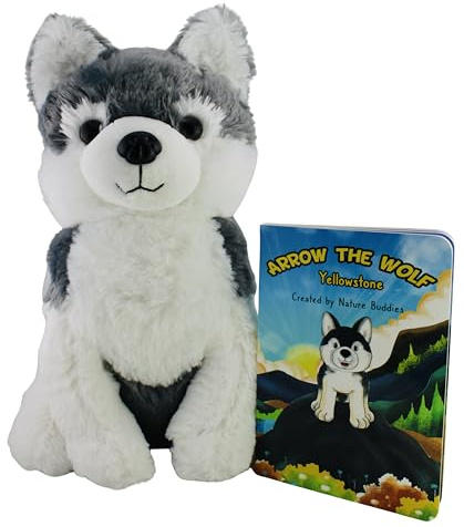 Wolf Stuffed Animal & with Book, Large 13 Inch Plush Toy, Arrow The Wolf, Gift for Kids, Grey and White, with Kids Storybook