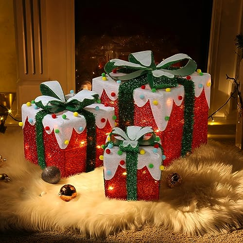 LEADZM Weihnachtsdeko Geschenke - 3er Set - LED geschenkbox Weihnachten-warm weiß beleuchtet - Batterie betrieben - für Christbaumschmuck