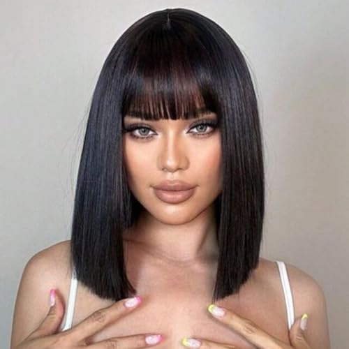 PARXITN Kurze Bob Schwarz Haar Perücken Gerade mit Flach Pony 12 zoll/30 cm Synthetische Bunte Cosplay Halloween Karneval Fasching Tägliche Party Perücke für Frauen Damen