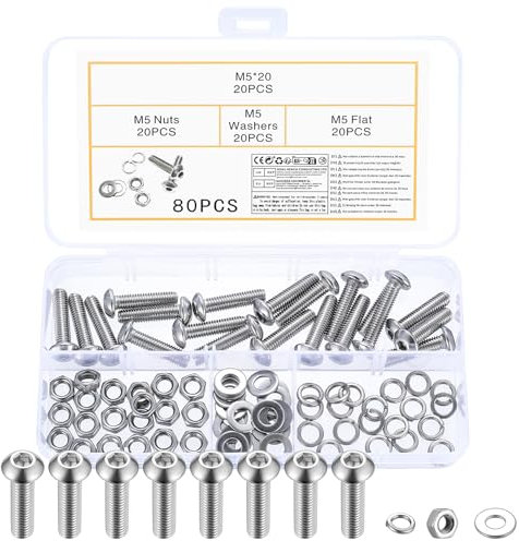 80 Pz Set di Viti M5 x 20mm, Bulloni e Dadi, Bulloni a Testa Bombata con Esagono Incassato, Viti a Testa Cilindrica con Esagono Incassato in Acciaio Inox e Dadi con Rondelle, Vite a Brugola