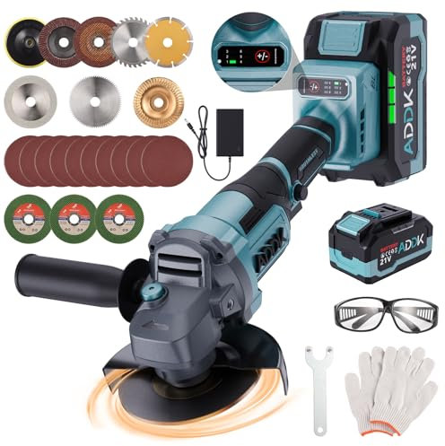 BFYDOAA Amoladora angular de batería, 125 mm, 9000 rev/min, cortadora de motor sin escobillas, 6 velocidades para rectificar, cortar y pulir, 2 baterías de 4,0 Ah, hojas de sierra y accesorios