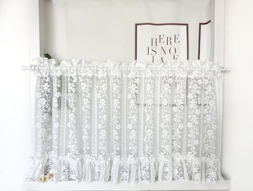 Daliena Scheibengardine Spitze Jacquard Gardinen Kurz Gardine Store Halbtransparent Bistrogardine Fertiggardinen mit Muster, Gardine für Klein Fenster (BxH 120x60cm) Weiß-1 1 stück
