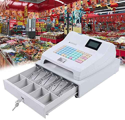 IUBGFTO Elektronische Registrierkasse mit 4 Geldschein- und 5 Münzfächern, 48 Tasten, 8 Digitale LEDs, kommerzielles Kassensystem, POS-System für kleine Unternehmen/Restaurants
