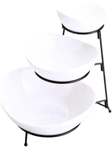 OZBME Fruit Bowl Kitchen Counter 3 Tier White Fruit Bowl Set with 3 Oval Porcelain Serving Bowl & Metal Rack for Easy Storage Trays