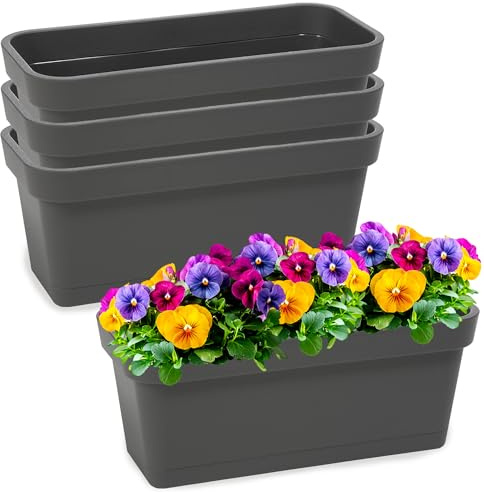PECZEKO Blumenkasten-Set aus Kunststoff, Pflanzkasten für Blumen und Kräuter, Widerstandsfähiger Balkontopf, Pflanzkübel für Balkon 4 Pack Anthrazit, ø 40 cm