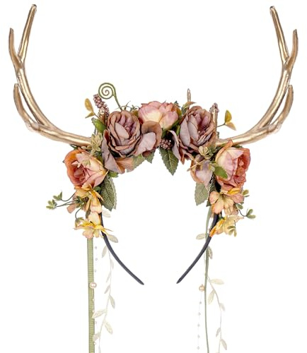 MOSTORY Haarreif im Wald-Design mit Blumen und Geweih, Feen-Rentier-Kopfschmuck mit Reben, Renaissance-Accessoire für Frauen, Cosplay