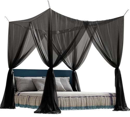 Panarciss Moskitonetz mit 4 Ecken, für Bett, schwarze Betthimmel, Bettvorhänge für Queen-Size-Bett, Gothic-Betthimmel für Terrasse, Innen- und Außenbereich, Halloween-Dekoration (schwarz, 210 x 190 x