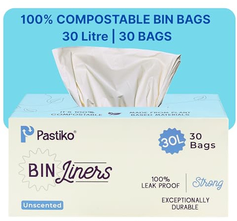 Pastiko 100% Compostable Bin Bags 30L Bin Liners Extra Thick Durable Tear-Resistant Leak Proof Garbage Bags Biodegradable Strong Bin Bags TUV Austria OK Home and Industrial Compostable