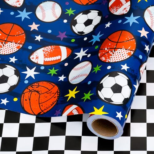 Wikadlik Geschenkpapierrolle mit Bällen – buntes Fußball-Basketball-Motiv, schwarz-weiß kariertes Design, Geschenkpapier für Kinder, Jungen, Vatertag, Abschlussfeier, 43 cm x 10 m