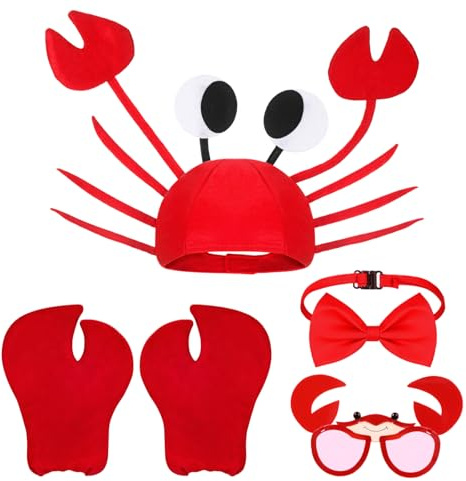 Guegine 5 PCS Red Crab Costume Kids Adults, Lobster Costume Set with Adjustable Crab Funny Hat, Claws Gloves, Funny Crab Sunglasses, Red Bow Tie, for Halloween Christmas Easter Party Decoration