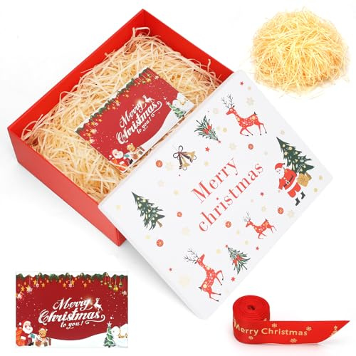 Weihnachtsgeschenkbox mit Deckel,Wiederverwendbare Geschenkboxen für Geschenke,Inklusive Grußkarte und Raffia,Robust Und Faltbare,Dekorative Geschenkbox für Weihnachtsfeier,29X21X10.5cm (weiß)