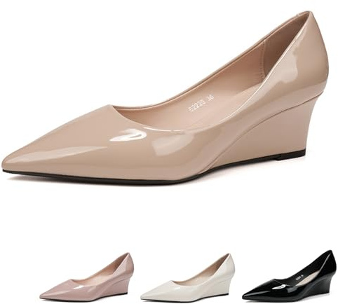 Women's Patent Leather Classic 2.17-Inches Wedges Pumps Fashion Comfortable Pointed Closed Toe Slip On Shallow Mouth High Heel Dressy Shoes for Wedding Work Office Party (Khaki,7)