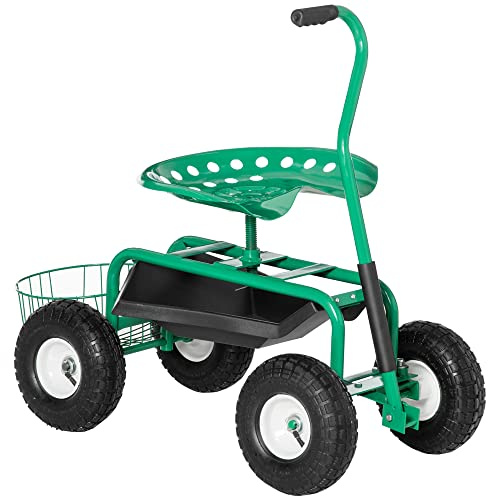Outsunny Asiento de Jardín con Ruedas, Taburete de Jardinería con Asiento Giratorio y Ajustable en Altura, Ruedas Neumáticas, Bandeja de Herramientas y Cesta, Carga 150 kg para Patio, Exterior, Verde