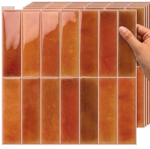 TradeDownCo Peel & Stick Wall Tiles (5 Sheets) - Premium Self-Adhesive Tile Stickers for Kitchen, Bathrooms, Laundry Rooms and More, 12x12/30x30cm, Glossy Sunset Orange