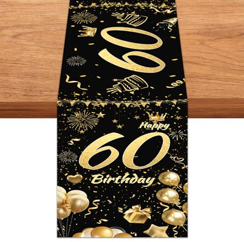Tischläufer 60 Geburtstag, 33 x 183 cm Schwarz Gold Geburtstag Tischläufer | Tischläufer Schwarz Gold zum 60 Geburtstag, Tischdecke Geburtstag 60, Happy 60th Birthday Tischband für Männer Frauen