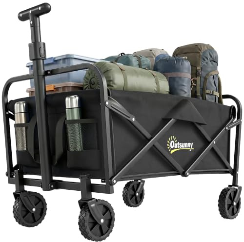 Outsunny Carrello da Giardino da 62L con Ruote Girevoli 76x48x86 cm Nero | Carrello Spiaggia Pieghevole, Metallo e Tessuto Oxford, con Borsa, Maniglia Girevole e Regolabile