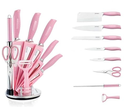 Royalty Line RL-KSS540: Set di Coltelli da 9 Pezzi con Supporto Rotante - Rosa