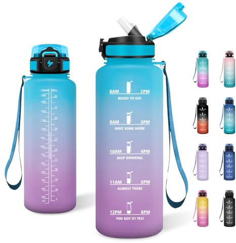 JAPORIA Borraccia Sportiva 1,5L, Borraccia con Cannuccia, Bottiglia Acqua Motivazionale con Scala Temporale, Bottiglia per Campeggio, Viaggio