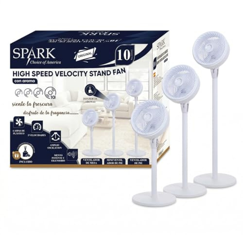 LoLek Spark Ventilador de Pie de Alta Velocidad 10, 3 en 1, 3 Velocidades, con Difusor de Aroma Incluido (Blanco)