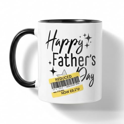 Silly Dog Designs - Funny Father’s Day Mug or Beer Glass - “Reduced” Joke Sticker Design - Ceramic Coffee Cup or Frosted Ombre Beer Stein - Optional Matching Coaster Gift for Dad (Black Handle Mug)