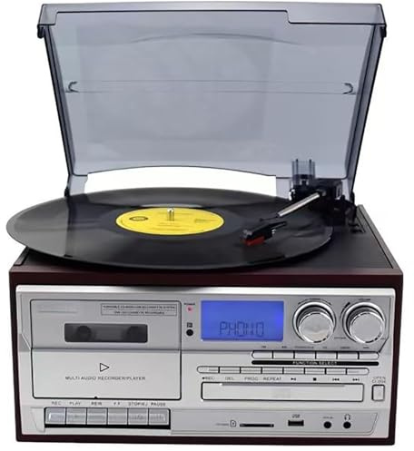 Giradischi in vinile a tre velocità, giradischi vintage con telecomando e altoparlanti stereo integrati, supporta CD/cassette/AM/FM, audio domestico retrò