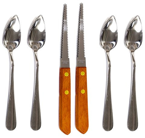 Four (4) Grapefruit Spoons and 2 Grapefruit Knives, Stainless Steel, Serrated Edges