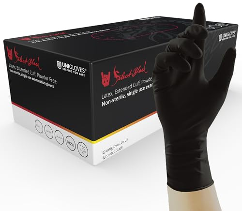 UNIGLOVES Select Black Latex Extended Cuff GT0015 Einweghandschuhe, puderfrei, optimiert für Tätowierer, Box mit 100 Handschuhen, Schwarz, Größe XL
