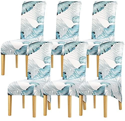 Leorate 6 Pcs Blue Tropical Palm Leaf Dining Chair Covers Stretch High Back Removable Slipcovers for Dining Chairs, Large Chair Covers Set of 6, Washable Elastic Seat Protector for Home (Blue White)